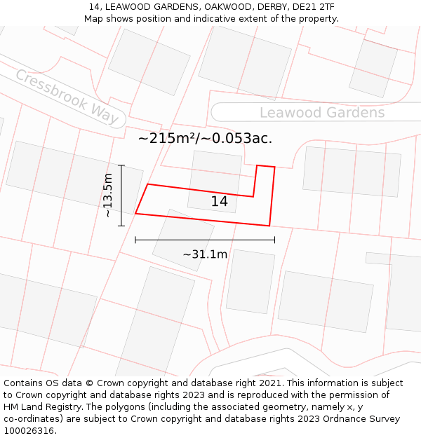 14, LEAWOOD GARDENS, OAKWOOD, DERBY, DE21 2TF: Plot and title map