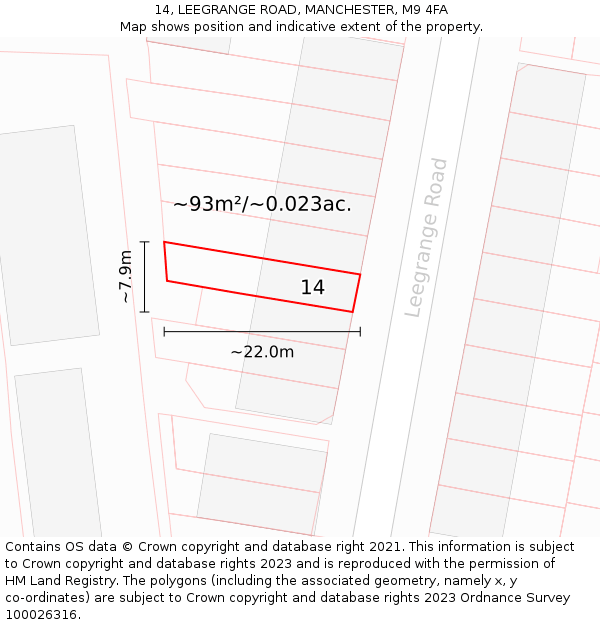 14, LEEGRANGE ROAD, MANCHESTER, M9 4FA: Plot and title map
