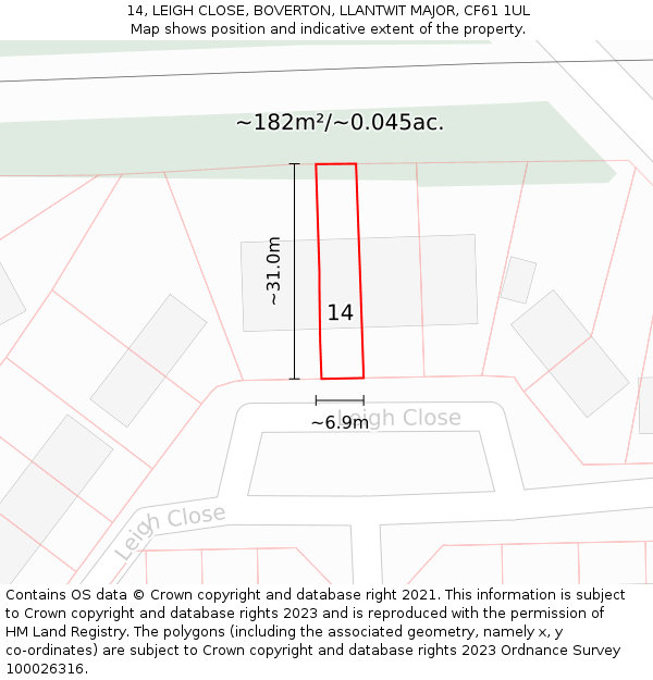 14, LEIGH CLOSE, BOVERTON, LLANTWIT MAJOR, CF61 1UL: Plot and title map