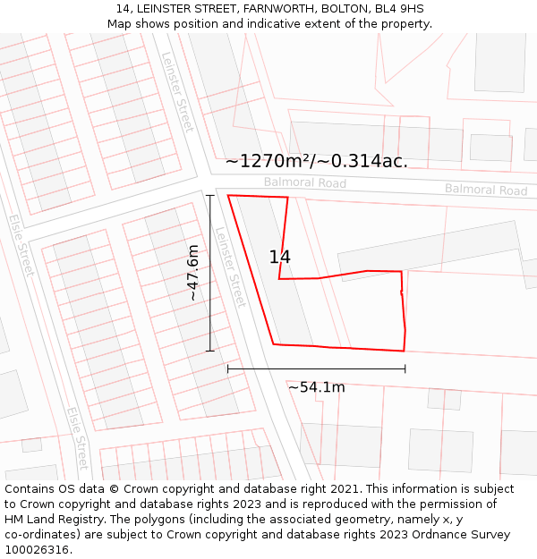 14, LEINSTER STREET, FARNWORTH, BOLTON, BL4 9HS: Plot and title map