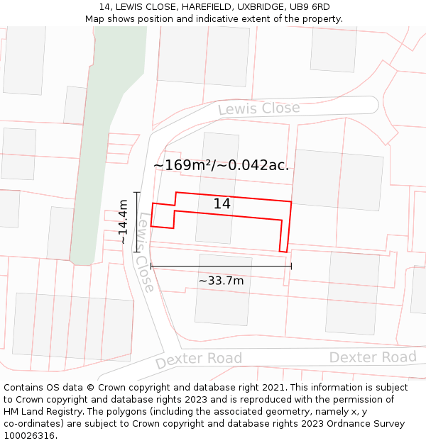 14, LEWIS CLOSE, HAREFIELD, UXBRIDGE, UB9 6RD: Plot and title map