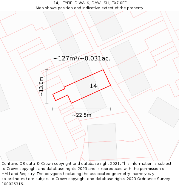 14, LEYFIELD WALK, DAWLISH, EX7 0EF: Plot and title map
