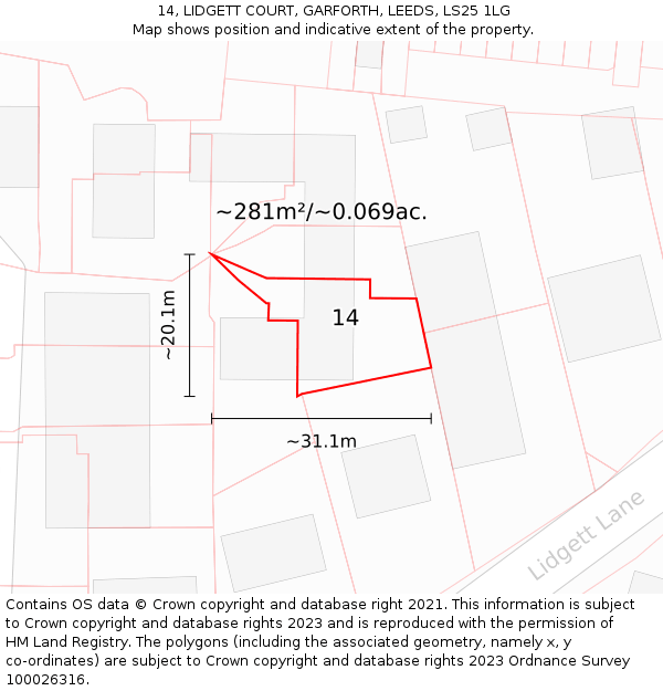 14, LIDGETT COURT, GARFORTH, LEEDS, LS25 1LG: Plot and title map