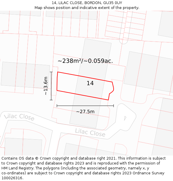 14, LILAC CLOSE, BORDON, GU35 0UY: Plot and title map