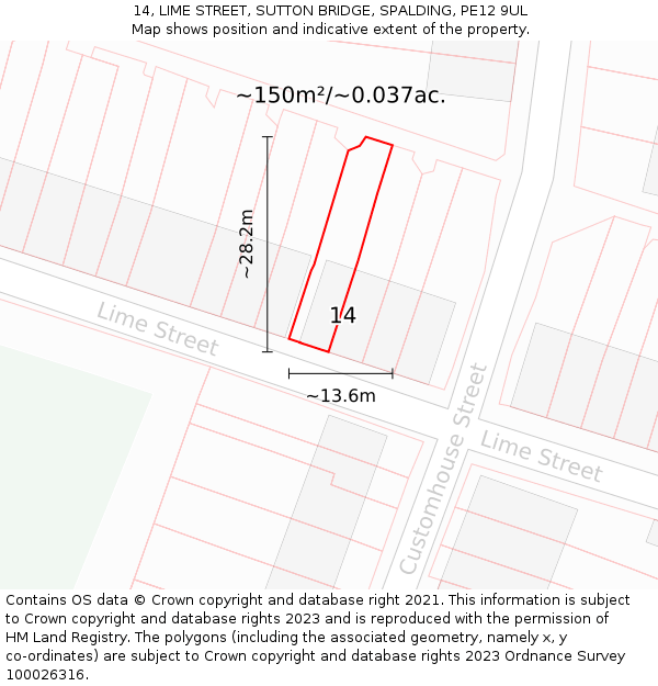 14, LIME STREET, SUTTON BRIDGE, SPALDING, PE12 9UL: Plot and title map