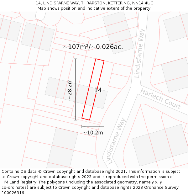 14, LINDISFARNE WAY, THRAPSTON, KETTERING, NN14 4UG: Plot and title map