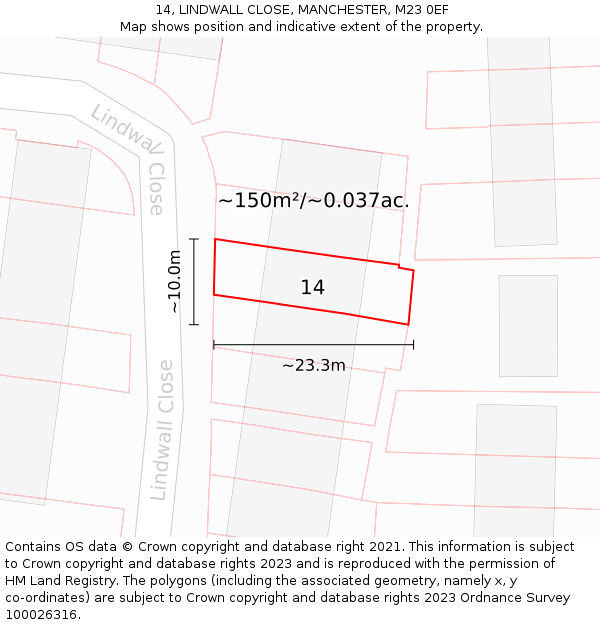 14, LINDWALL CLOSE, MANCHESTER, M23 0EF: Plot and title map