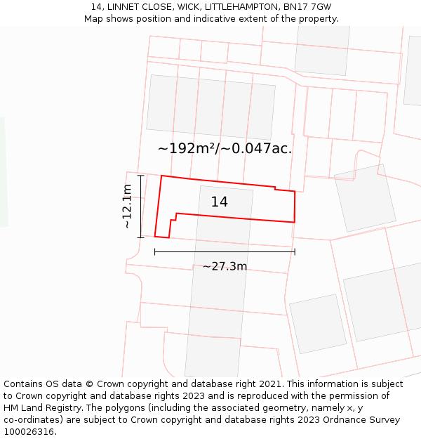 14, LINNET CLOSE, WICK, LITTLEHAMPTON, BN17 7GW: Plot and title map