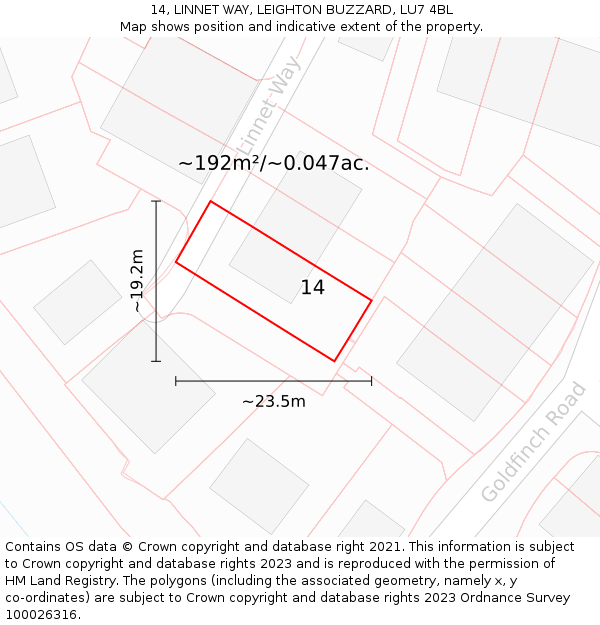 14, LINNET WAY, LEIGHTON BUZZARD, LU7 4BL: Plot and title map