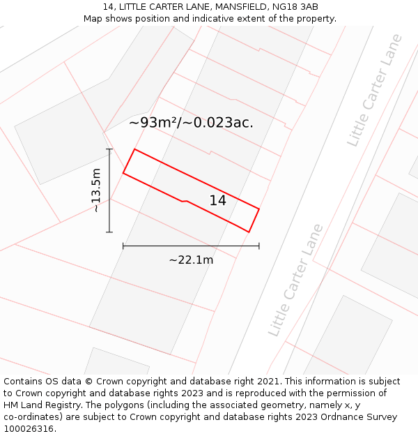 14, LITTLE CARTER LANE, MANSFIELD, NG18 3AB: Plot and title map