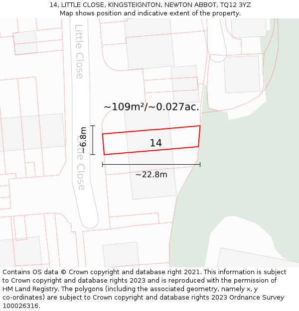 14, LITTLE CLOSE, KINGSTEIGNTON, NEWTON ABBOT, TQ12 3YZ: Plot and title map