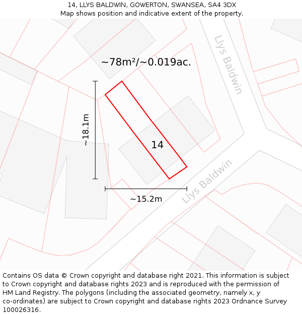 14, LLYS BALDWIN, GOWERTON, SWANSEA, SA4 3DX: Plot and title map