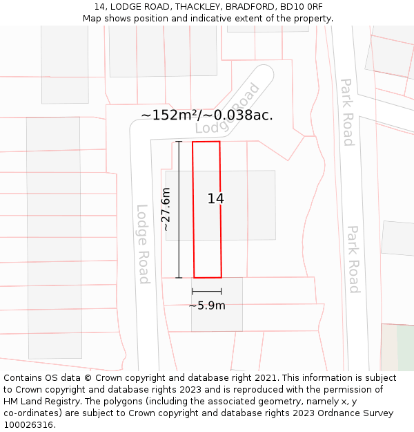 14, LODGE ROAD, THACKLEY, BRADFORD, BD10 0RF: Plot and title map