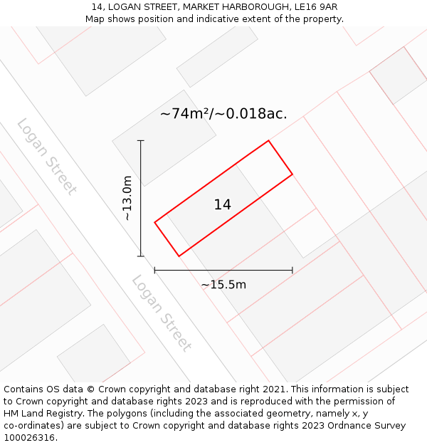 14, LOGAN STREET, MARKET HARBOROUGH, LE16 9AR: Plot and title map
