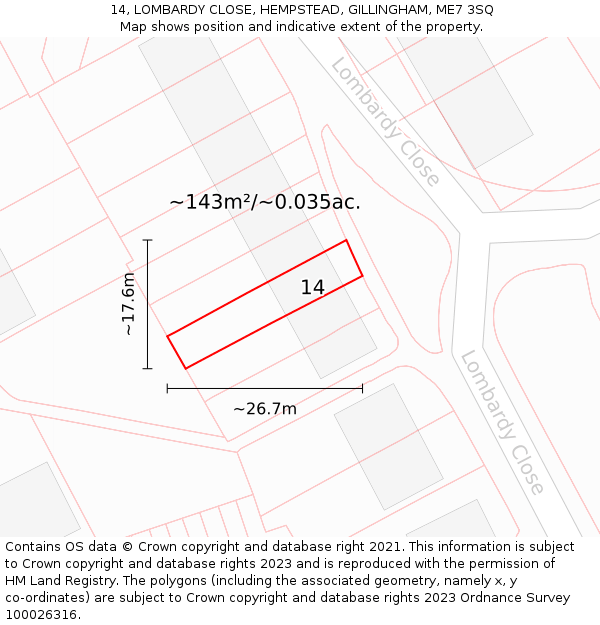 14, LOMBARDY CLOSE, HEMPSTEAD, GILLINGHAM, ME7 3SQ: Plot and title map