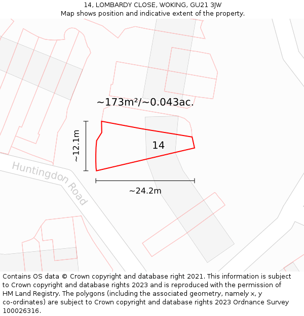14, LOMBARDY CLOSE, WOKING, GU21 3JW: Plot and title map