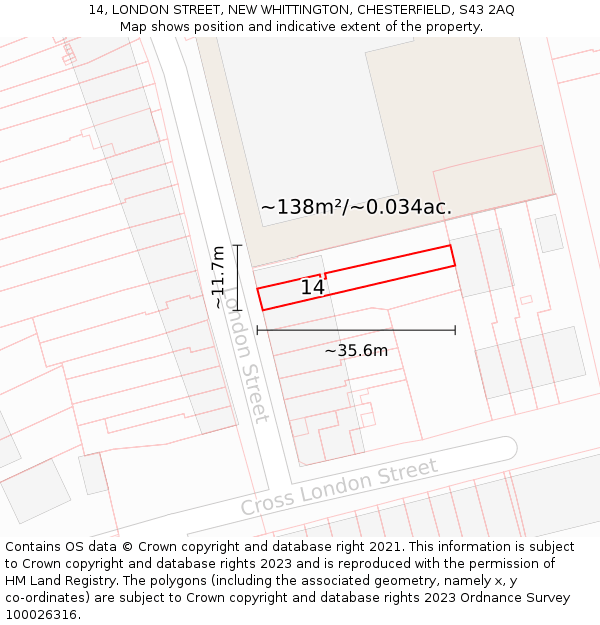 14, LONDON STREET, NEW WHITTINGTON, CHESTERFIELD, S43 2AQ: Plot and title map