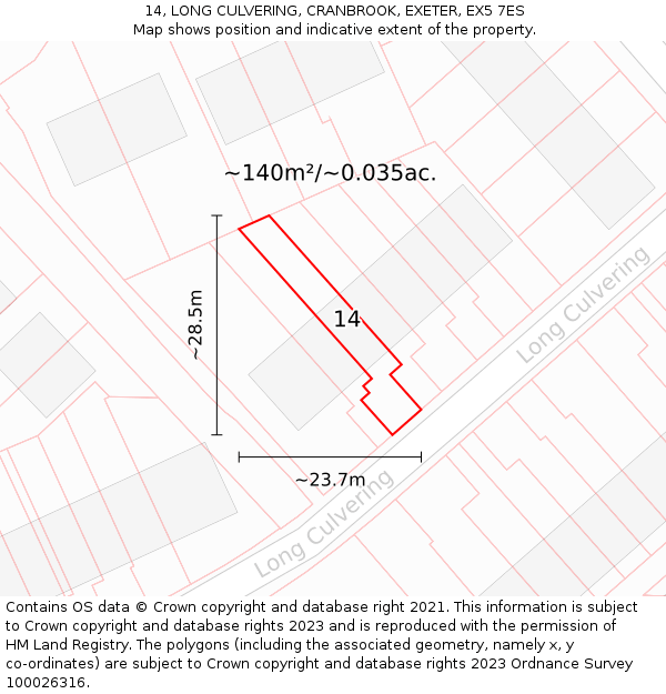 14, LONG CULVERING, CRANBROOK, EXETER, EX5 7ES: Plot and title map