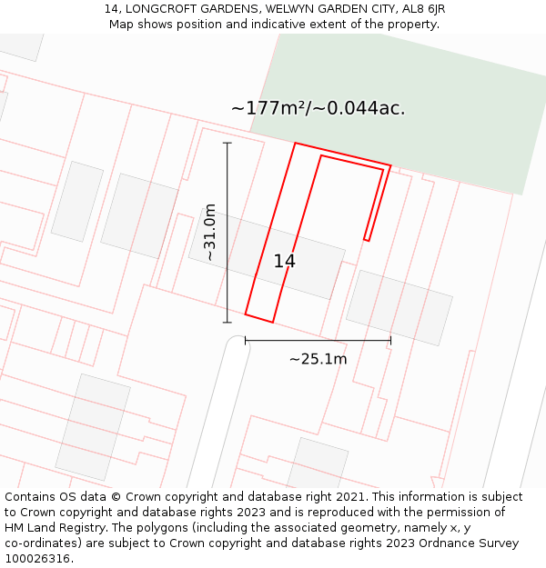 14, LONGCROFT GARDENS, WELWYN GARDEN CITY, AL8 6JR: Plot and title map