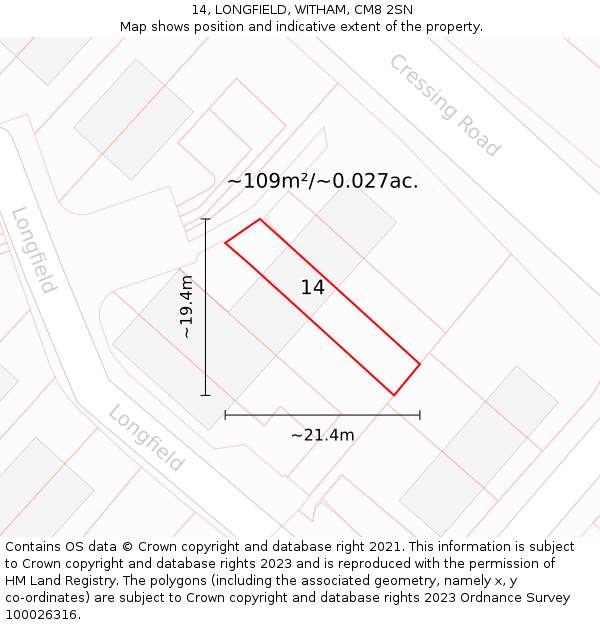 14, LONGFIELD, WITHAM, CM8 2SN: Plot and title map