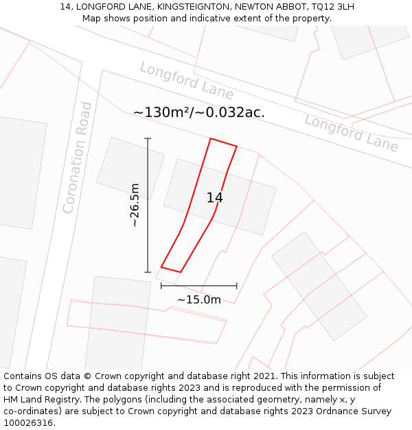 14, LONGFORD LANE, KINGSTEIGNTON, NEWTON ABBOT, TQ12 3LH: Plot and title map