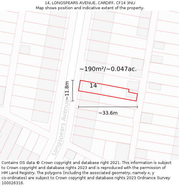 14, LONGSPEARS AVENUE, CARDIFF, CF14 3NU: Plot and title map