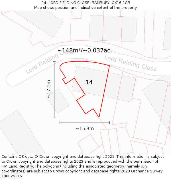 14, LORD FIELDING CLOSE, BANBURY, OX16 1GB: Plot and title map