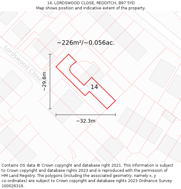 14, LORDSWOOD CLOSE, REDDITCH, B97 5YD: Plot and title map