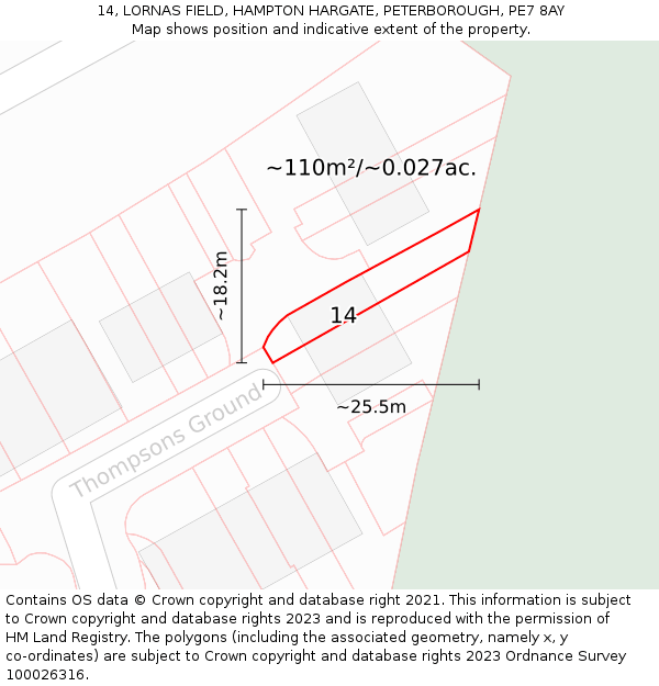14, LORNAS FIELD, HAMPTON HARGATE, PETERBOROUGH, PE7 8AY: Plot and title map