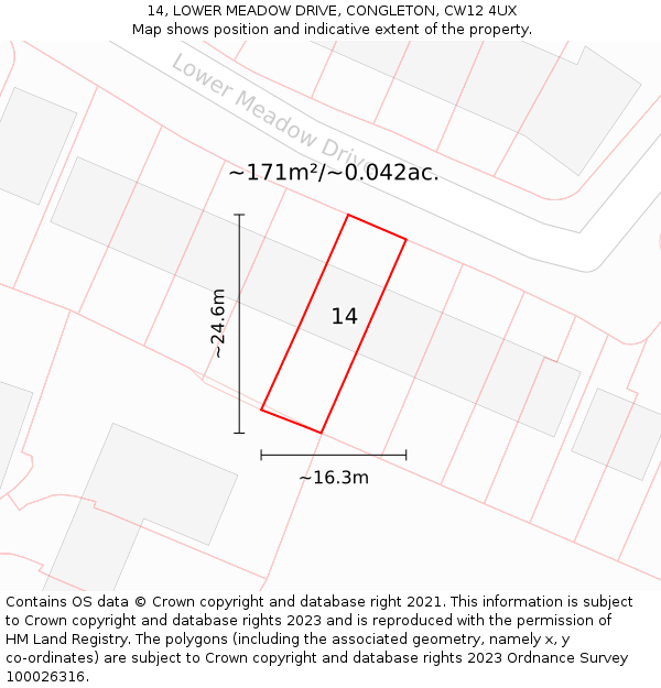 14, LOWER MEADOW DRIVE, CONGLETON, CW12 4UX: Plot and title map