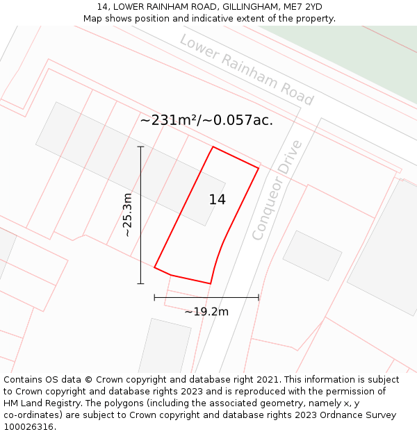 14, LOWER RAINHAM ROAD, GILLINGHAM, ME7 2YD: Plot and title map