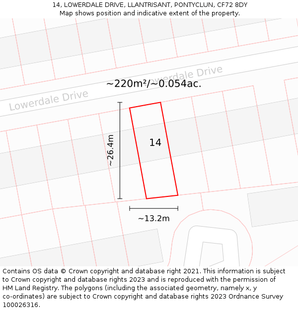 14, LOWERDALE DRIVE, LLANTRISANT, PONTYCLUN, CF72 8DY: Plot and title map