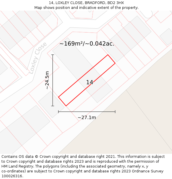 14, LOXLEY CLOSE, BRADFORD, BD2 3HX: Plot and title map