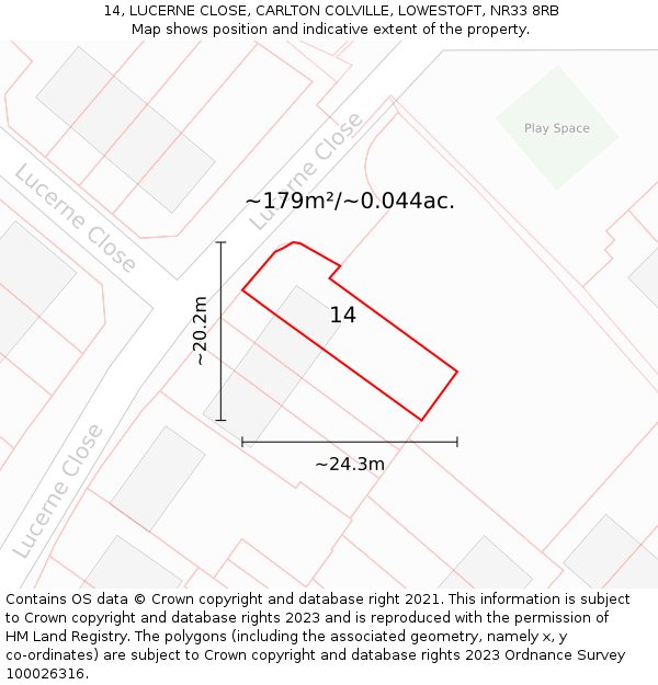 14, LUCERNE CLOSE, CARLTON COLVILLE, LOWESTOFT, NR33 8RB: Plot and title map