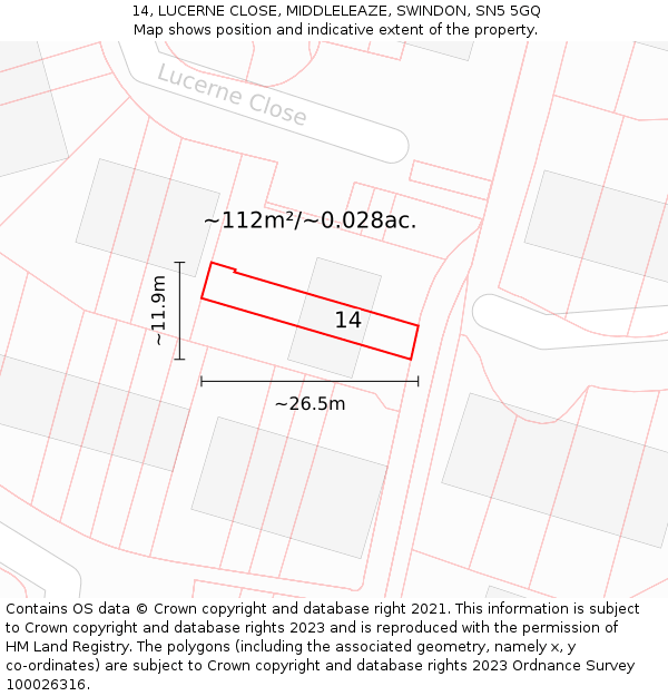 14, LUCERNE CLOSE, MIDDLELEAZE, SWINDON, SN5 5GQ: Plot and title map