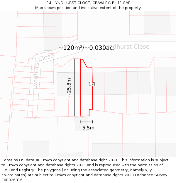 14, LYNDHURST CLOSE, CRAWLEY, RH11 8AP: Plot and title map