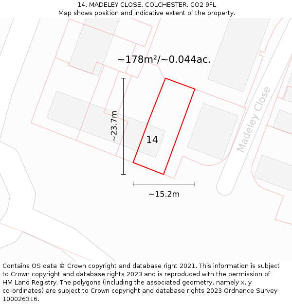 14, MADELEY CLOSE, COLCHESTER, CO2 9FL: Plot and title map