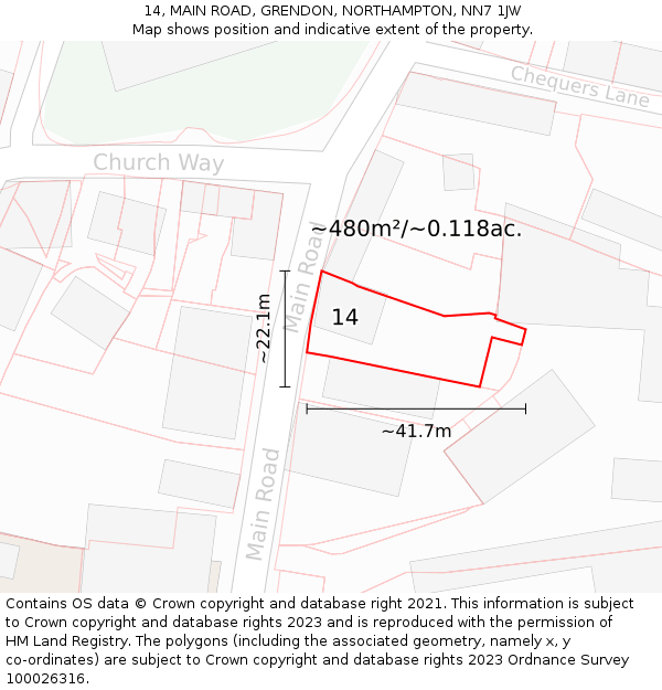 14, MAIN ROAD, GRENDON, NORTHAMPTON, NN7 1JW: Plot and title map