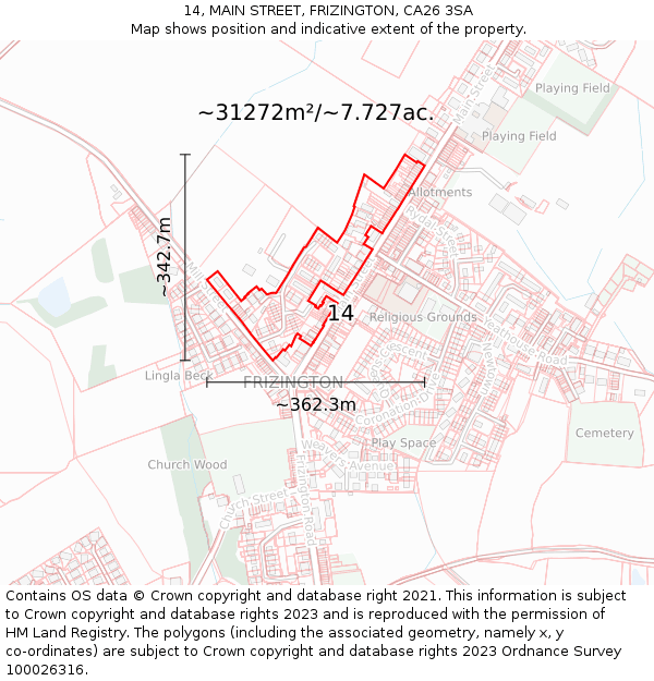 14, MAIN STREET, FRIZINGTON, CA26 3SA: Plot and title map