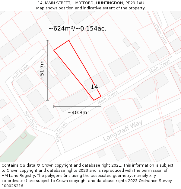 14, MAIN STREET, HARTFORD, HUNTINGDON, PE29 1XU: Plot and title map