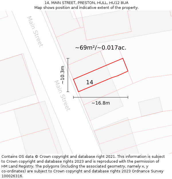 14, MAIN STREET, PRESTON, HULL, HU12 8UA: Plot and title map