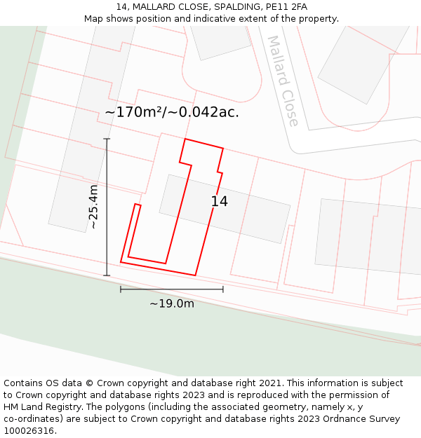 14, MALLARD CLOSE, SPALDING, PE11 2FA: Plot and title map