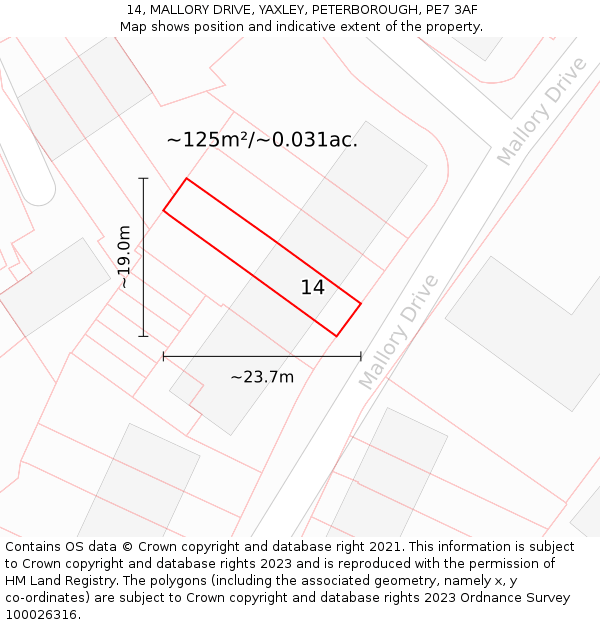 14, MALLORY DRIVE, YAXLEY, PETERBOROUGH, PE7 3AF: Plot and title map