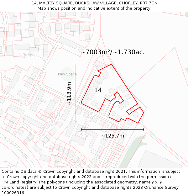 14, MALTBY SQUARE, BUCKSHAW VILLAGE, CHORLEY, PR7 7GN: Plot and title map