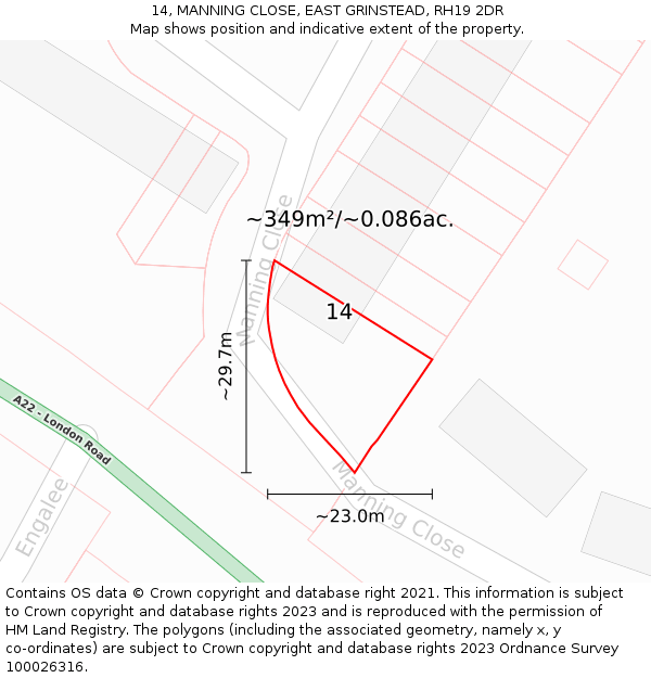14, MANNING CLOSE, EAST GRINSTEAD, RH19 2DR: Plot and title map