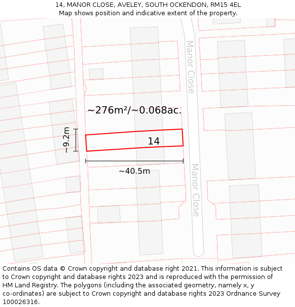 14, MANOR CLOSE, AVELEY, SOUTH OCKENDON, RM15 4EL: Plot and title map