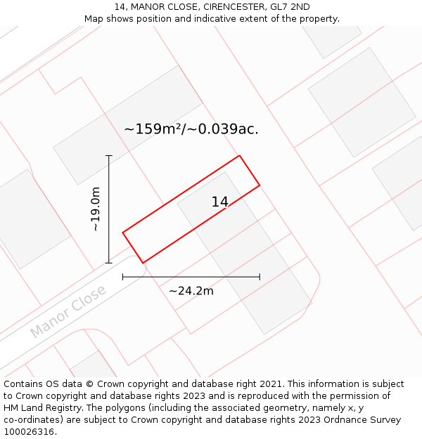 14, MANOR CLOSE, CIRENCESTER, GL7 2ND: Plot and title map