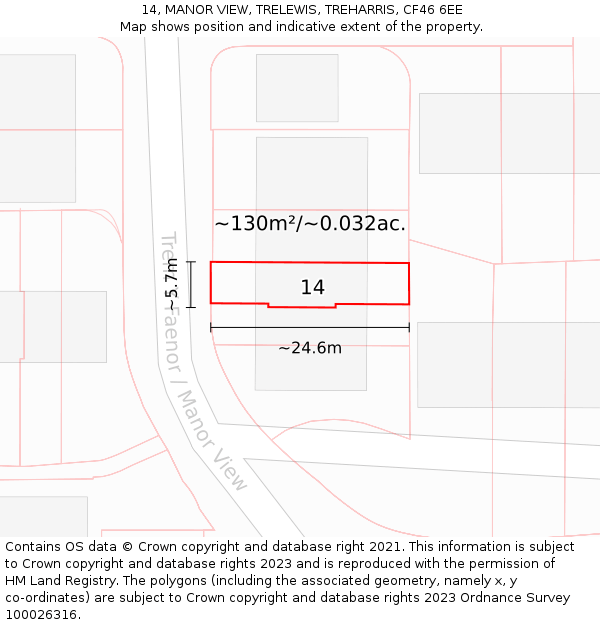 14, MANOR VIEW, TRELEWIS, TREHARRIS, CF46 6EE: Plot and title map