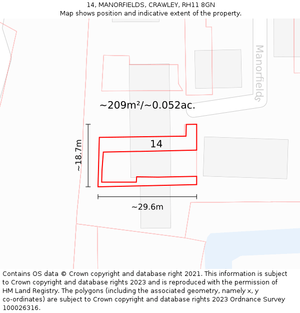 14, MANORFIELDS, CRAWLEY, RH11 8GN: Plot and title map