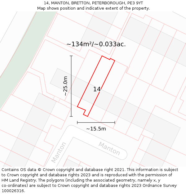 14, MANTON, BRETTON, PETERBOROUGH, PE3 9YT: Plot and title map